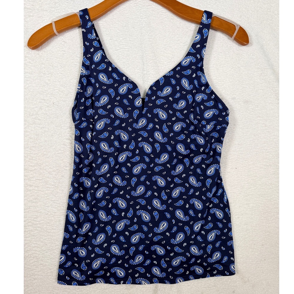 Lands End Womens 10 Tankini Swim Top Navy Blue White Paisley V-Neck Notch 522885